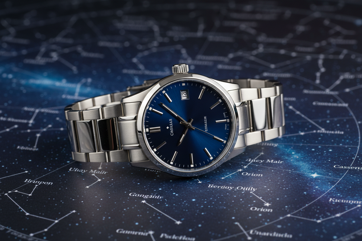 create an image where a blue faced watch with a silver band is being displayed on a star map